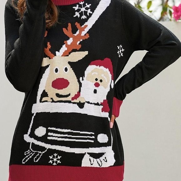 Black Reindeer Santa Clause Cartoon Print Ugly Christmas Sweater - Picture 8 of 8